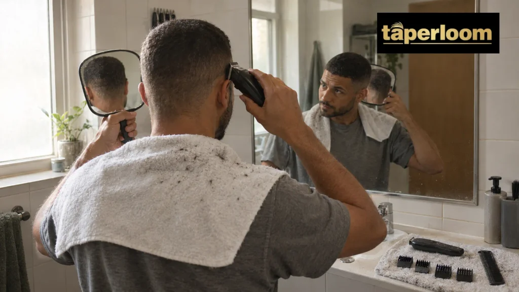 Man using a clipper and a hand mirror to blend a buzz cut taper at home in the bathroom