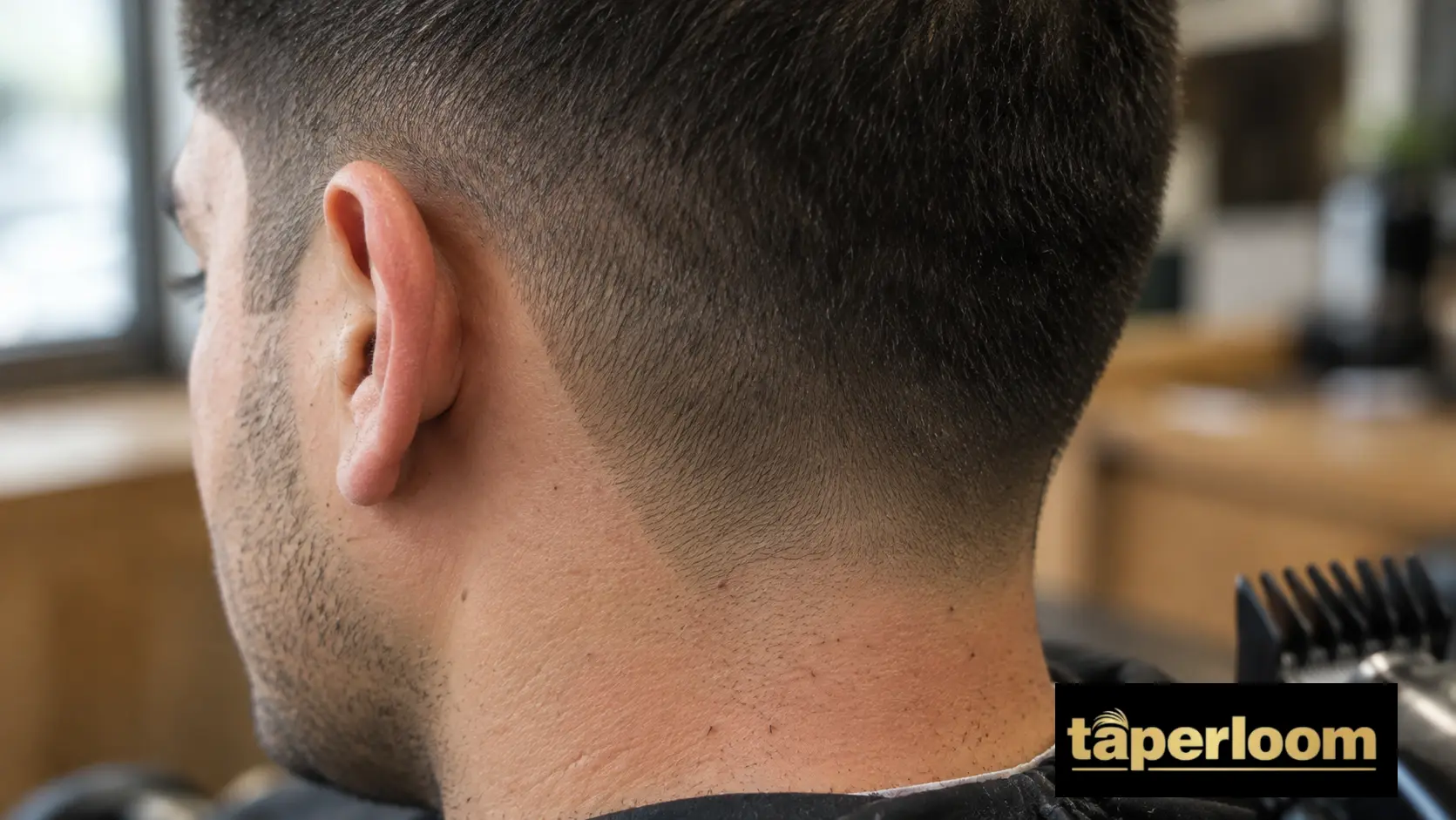 Close up of a gradual taper blend behind the ear on a buzzed head with a clipper resting nearby