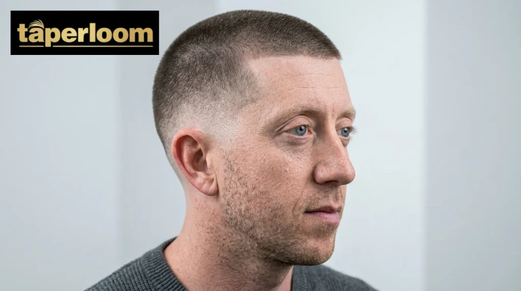Low-maintenance buzz cut combined with a clean low taper fade on the sides.