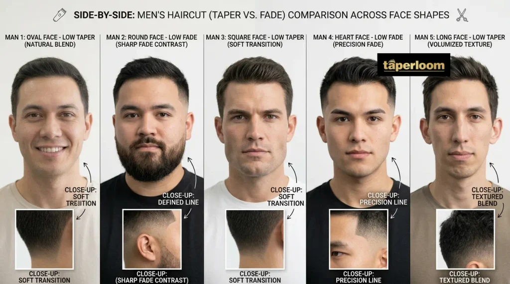 Choosing between a low taper and a low fade based on round, oval, square, long, and heart-shaped faces
