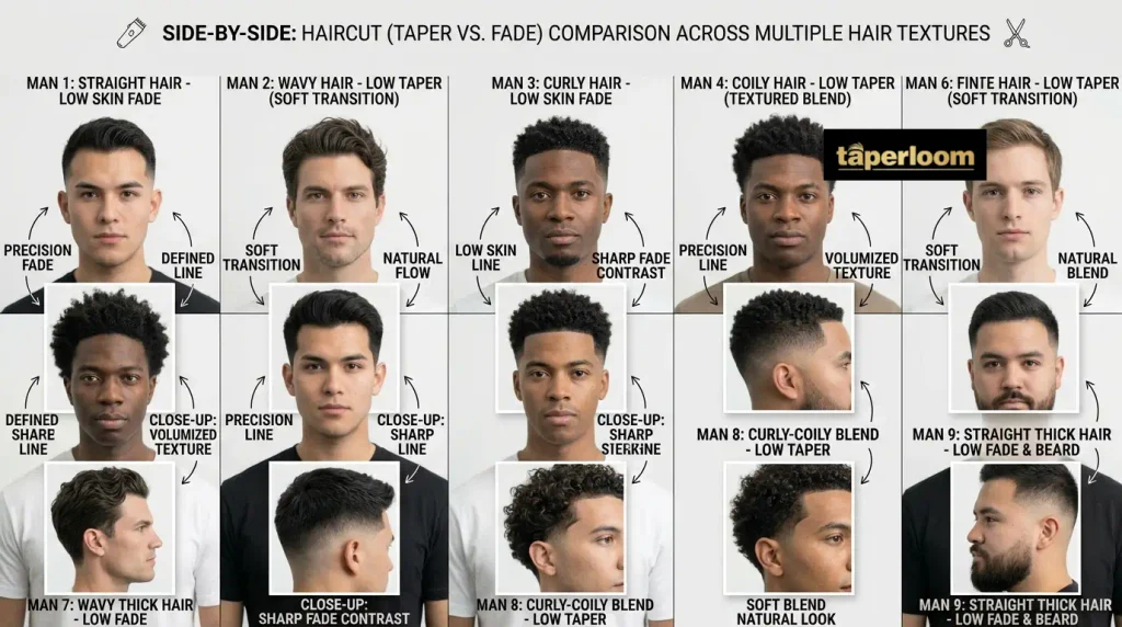 Choosing between a low taper and a low fade based on straight, wavy, curly, coily, thick, and fine hair