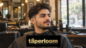 Man with a classic taper haircut sitting in a barber chair