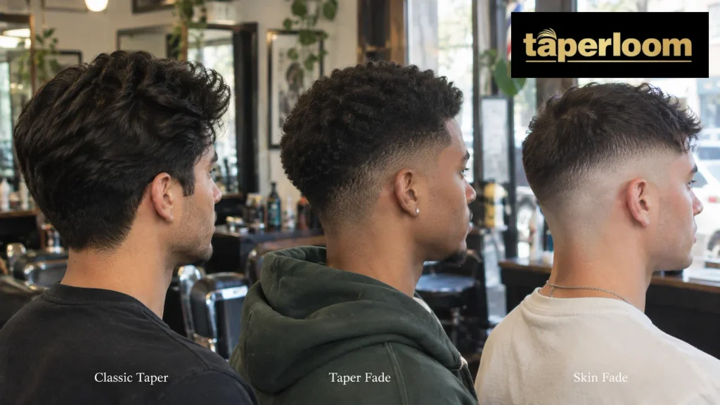 Three men side by side showing classic taper, taper fade, and skin fade haircuts