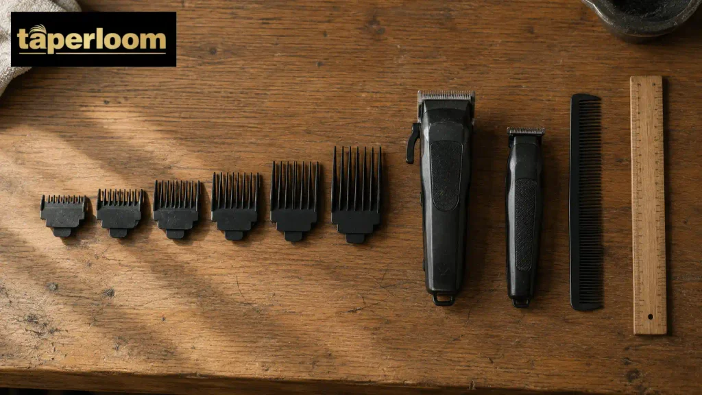 Clipper guards arranged from shortest to longest beside a clipper, trimmer and comb for a buzz cut taper