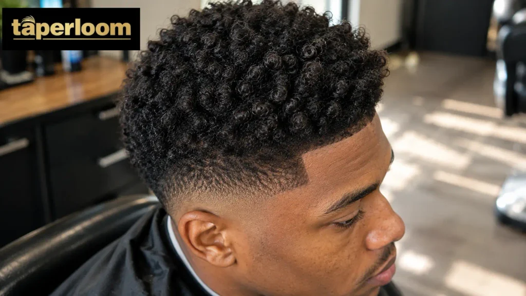 Natural coily hair texture on top of a mid taper fade haircut