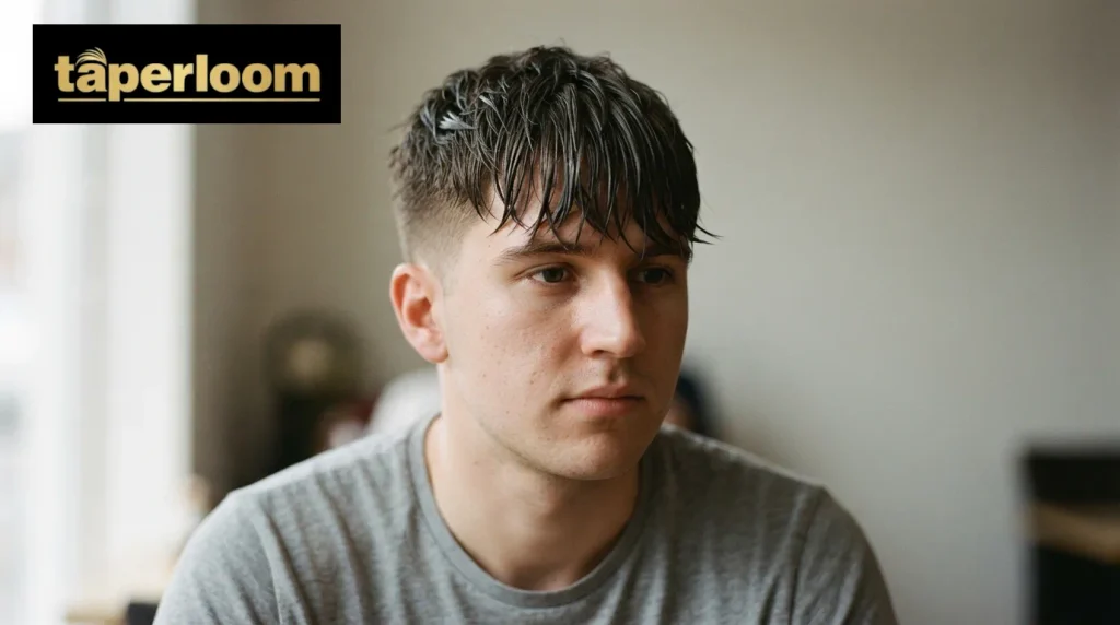 Overgrown taper with a flattened, overly product-heavy fringe