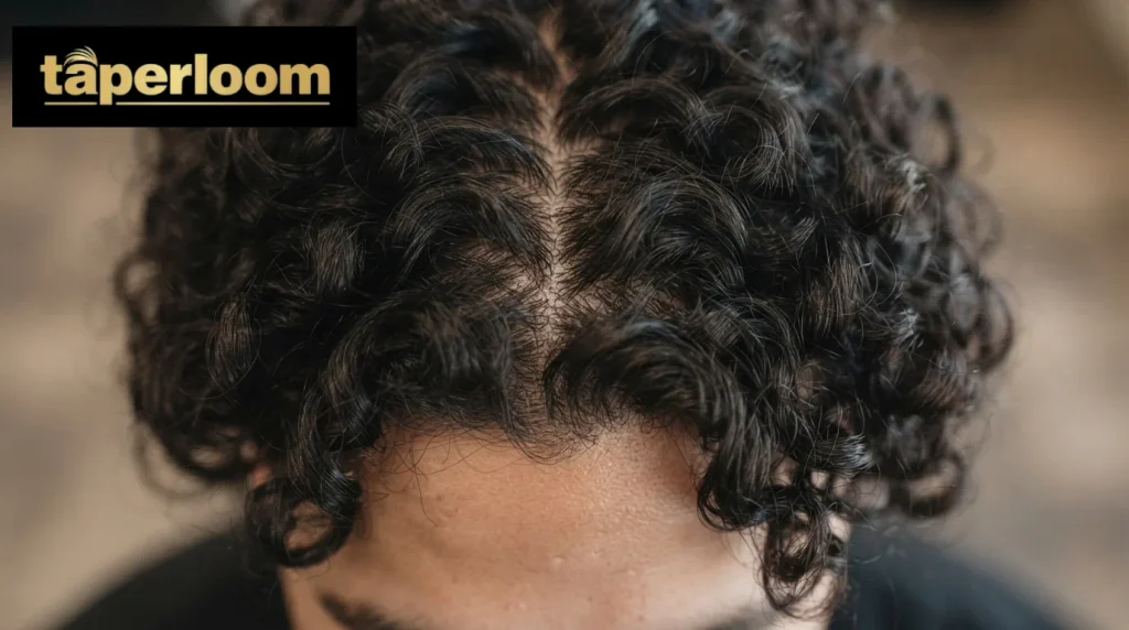 Close up of tight curl pattern on top of a mid taper fade haircut