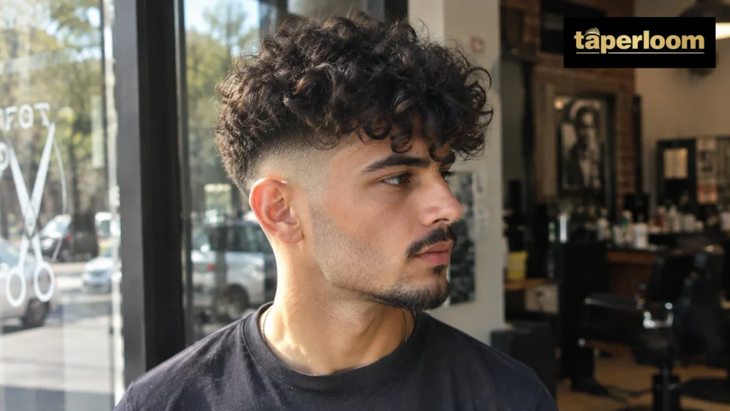 Man with curly hair on top and a mid fade on the sides
