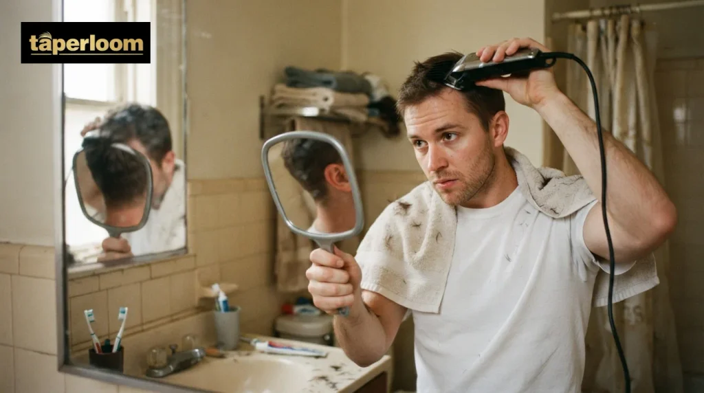 Man cutting an 8 guard buzz cut at home using a clipper and a hand mirror