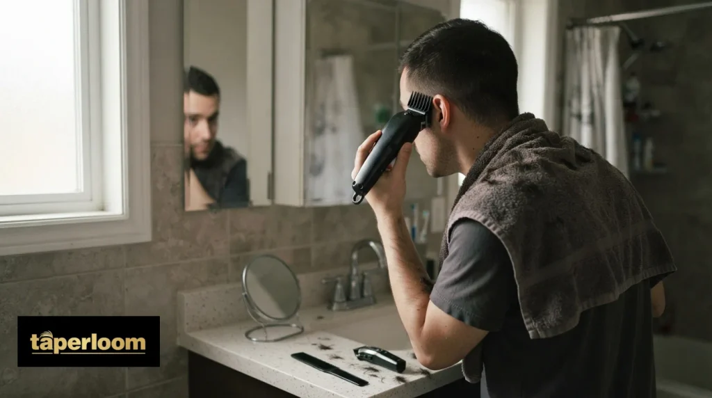 Man cutting his own 7 guard buzz cut at home with clippers, a hand mirror and a towel over his shoulders