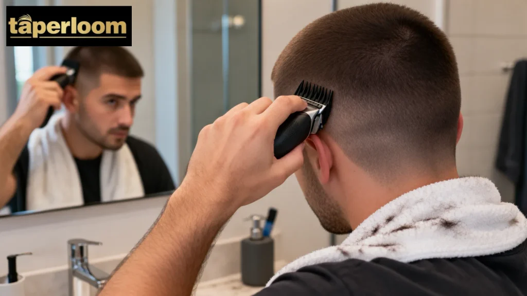 Man giving himself a 4 guard buzz cut at home