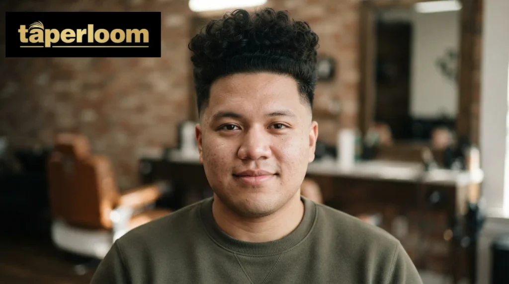 Man with a round face shape wearing a mid taper fade styled with height on top