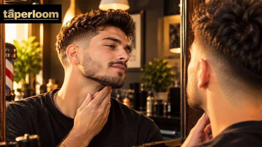 Man admiring his finished taper fade haircut after deciding between low and mid options