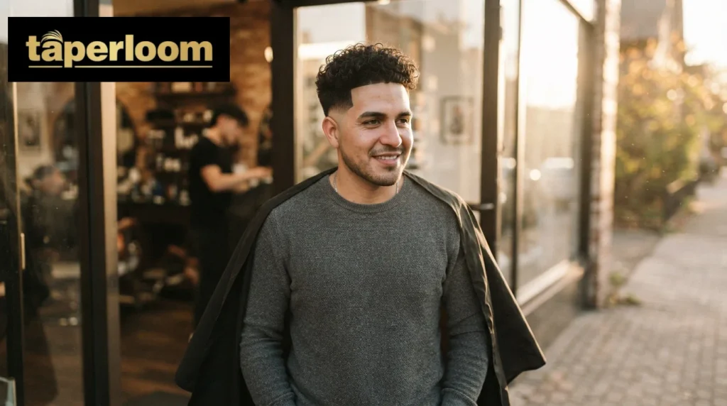 Finished mid taper fade curly hair haircut result on a man leaving the barbershop