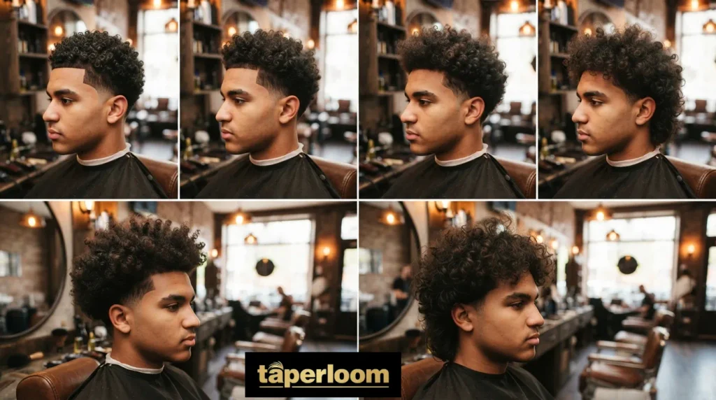 Grow out stages of a mid taper fade on curly hair from week one to week six