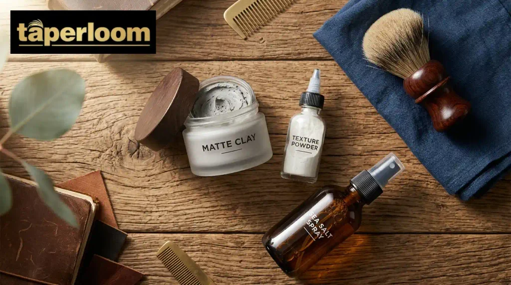Professional matte clay and texture powder products set against a clean background.