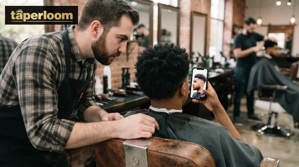 Client showing a reference photo to ask for a taper low burst fade