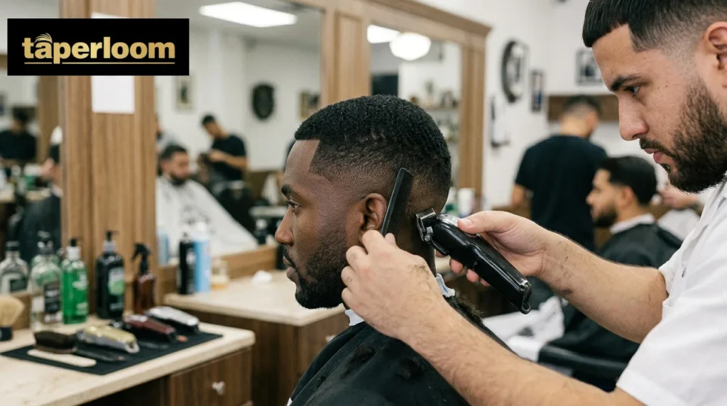 A barber blending the sides low around the ear, illustrating how to ask for a low taper or a low fade