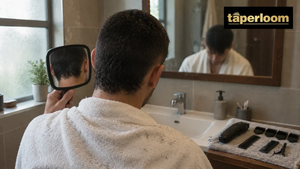 Man checking the nape of his buzz cut mullet with a hand mirror while cutting his hair at home with clippers