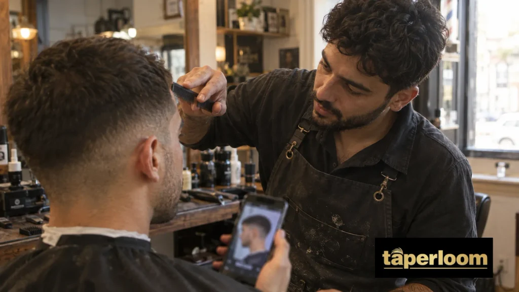 Client showing a reference photo to a barber before getting a long buzz cut