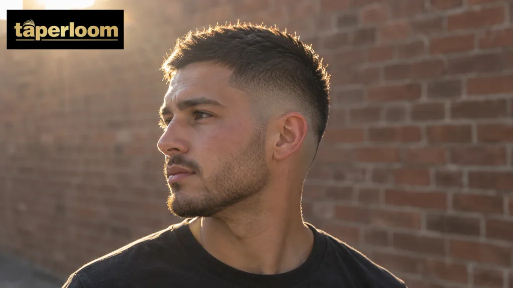 Man showing a long buzz cut fade with textured top and tight faded sides