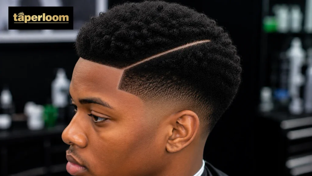 Low fade afro with shaved part