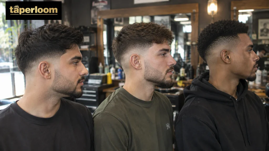 Three men showing the difference between low fade, mid fade, and high fade haircuts