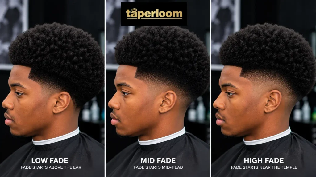 Side by side comparison of low, mid, and high taper fade afro haircuts