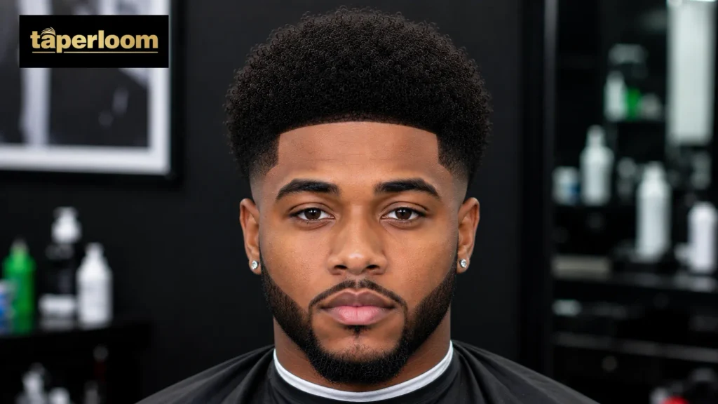 Low taper fade afro with beard