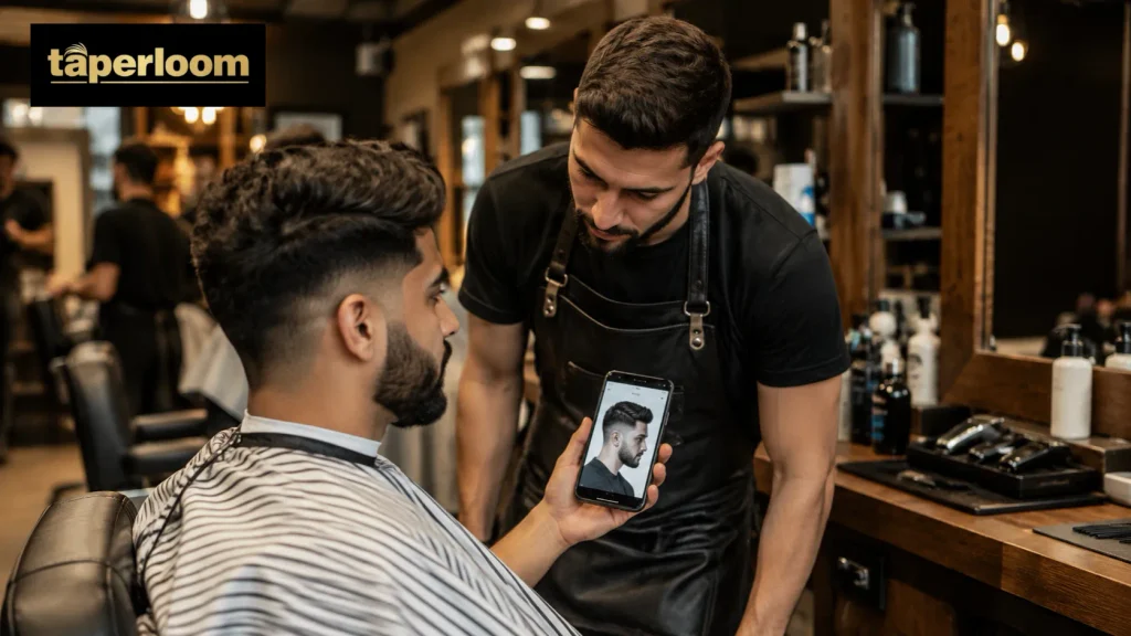 Man showing a reference photo to his barber for a low taper fade afro
