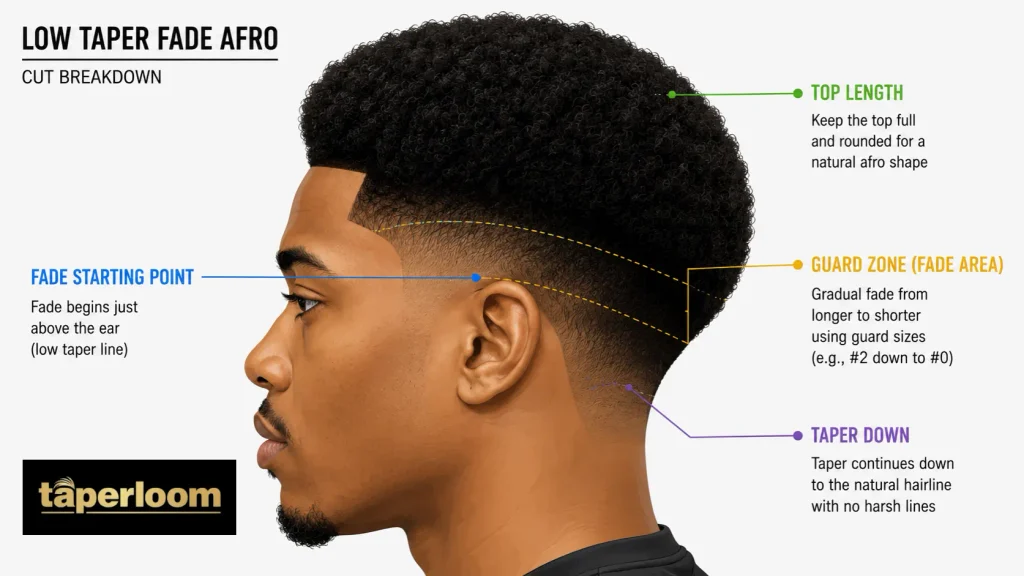 Diagram showing fade starting point and top length of a low taper fade afro