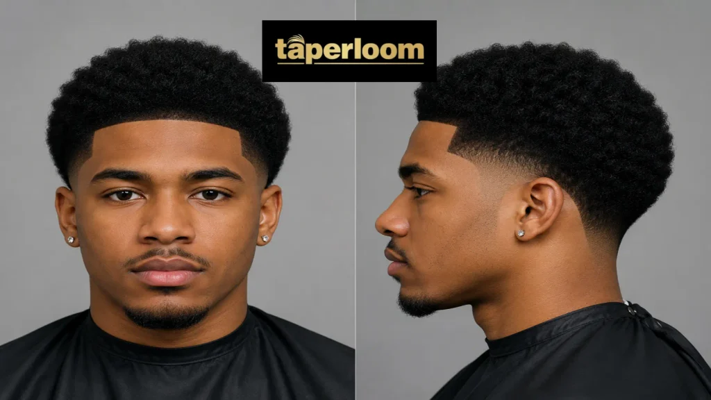 Finished low taper fade afro haircut, front and side view