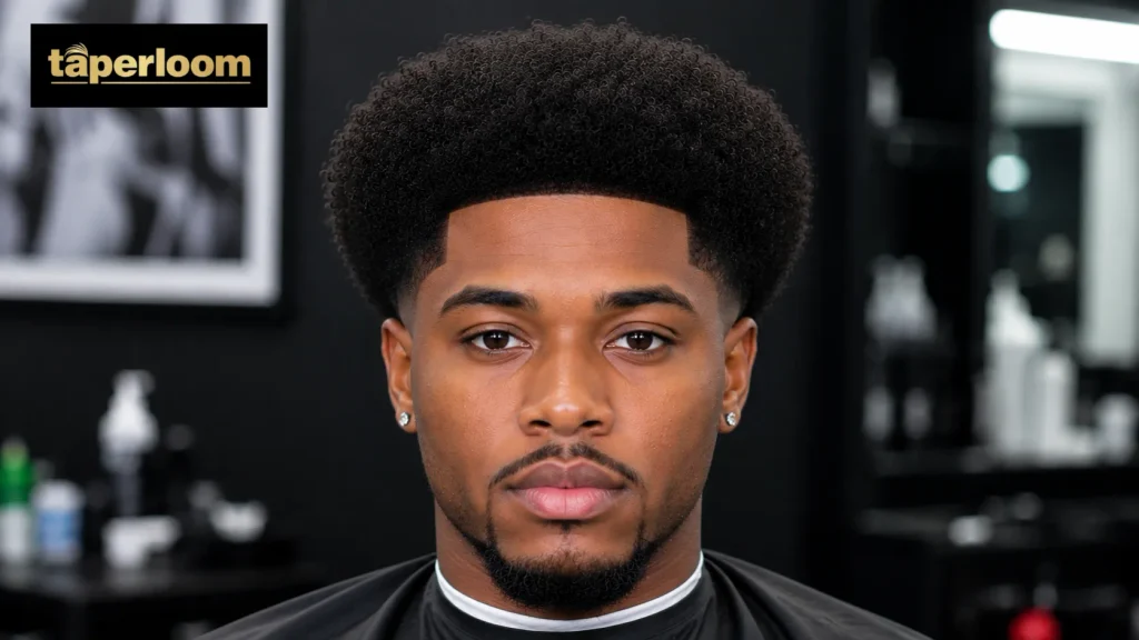 Low taper fade afro styled for a long face shape
