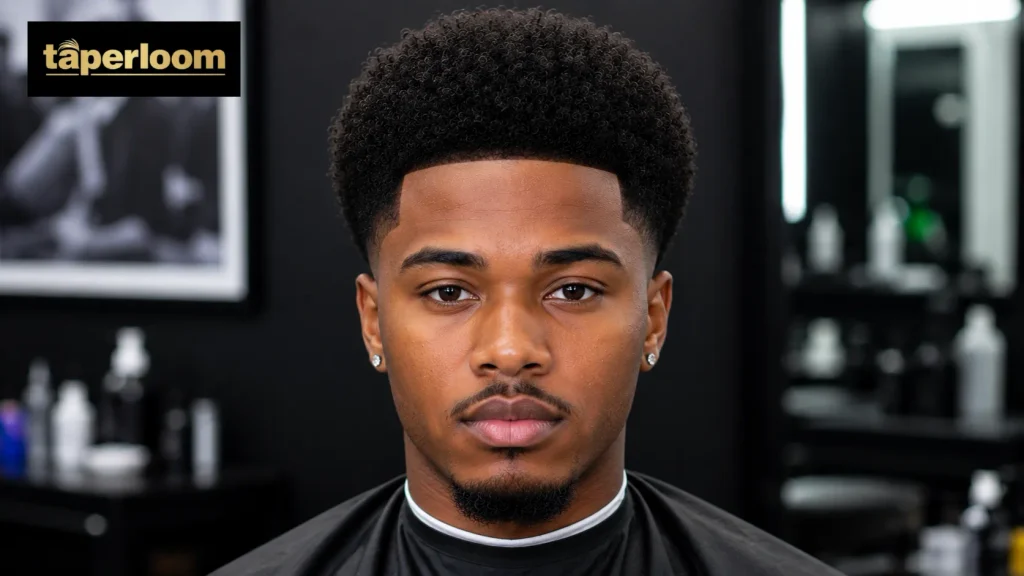 Low taper fade afro styled for an oval face shape