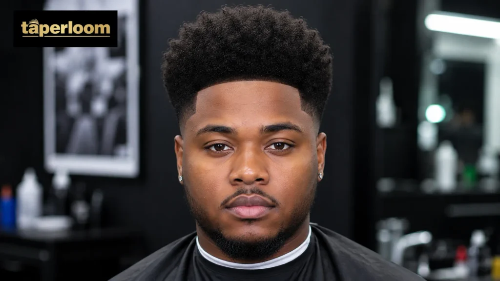 Low taper fade afro styled for a round face shape