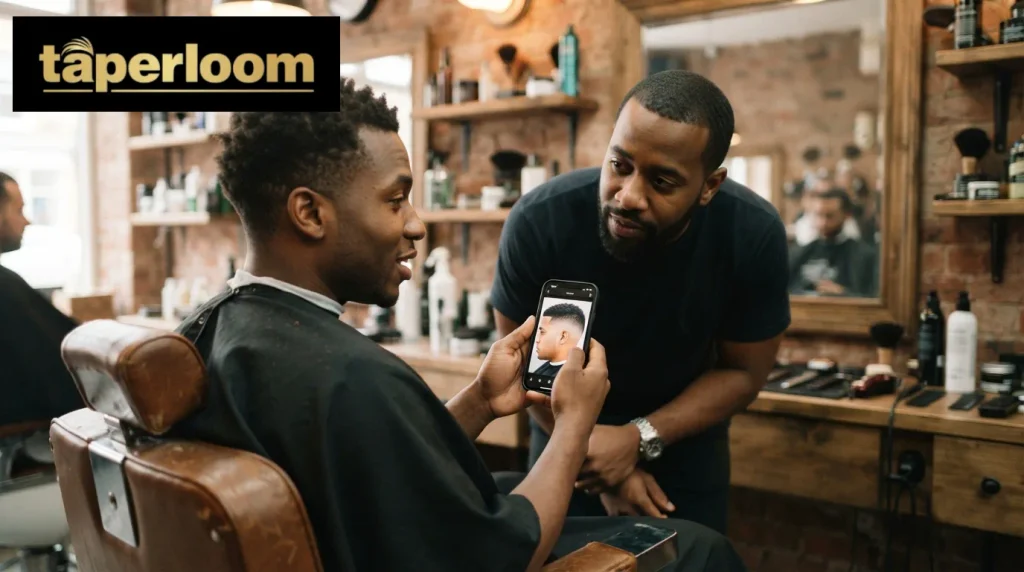 Client showing a reference photo to a barber before a low taper fade haircut