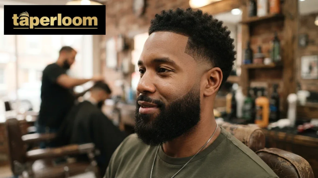 Black man with a full beard blended into a low taper fade