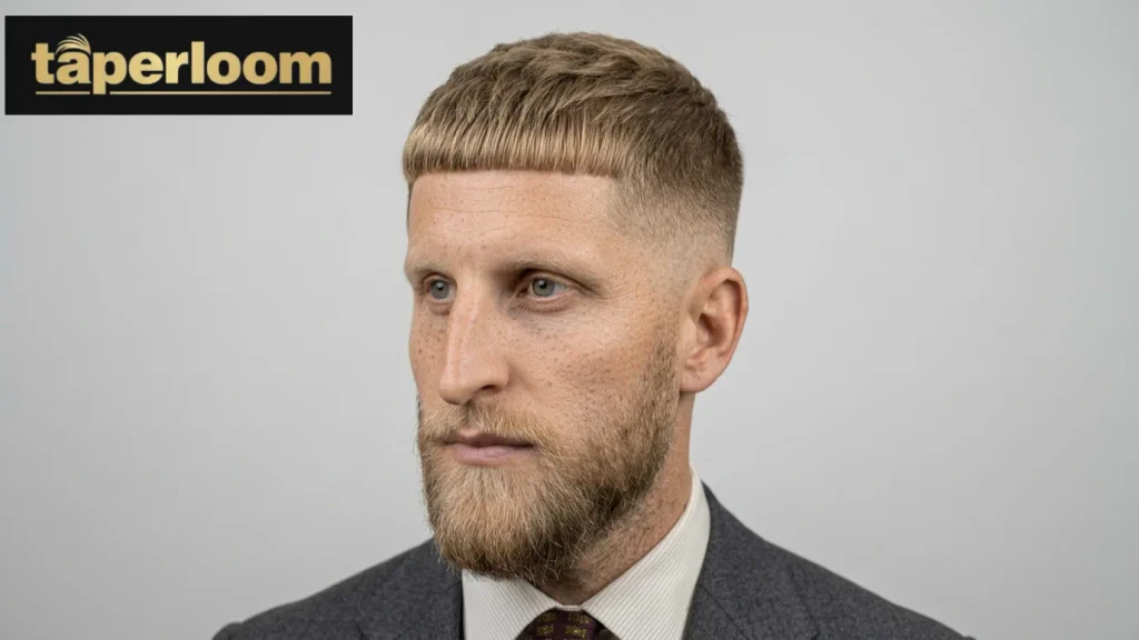 Low taper fade blonde Caesar cut hairstyle