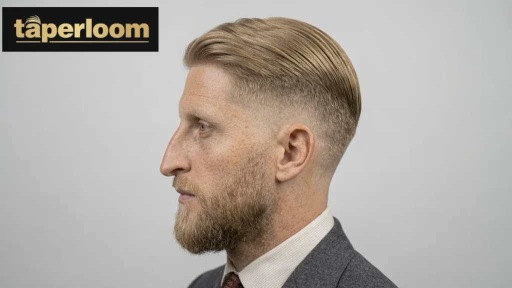 Low taper fade blonde combed backwards hairstyle