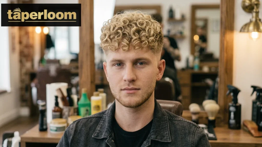Low taper fade blonde curly hair style