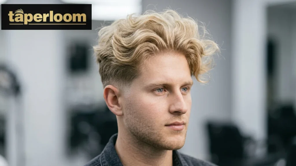 Low taper fade blonde fluffy hair style