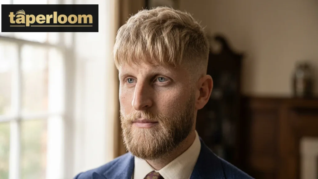Low taper fade blonde fringe hairstyle