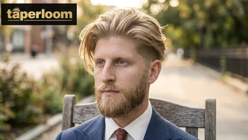 Low taper fade blonde long hair style