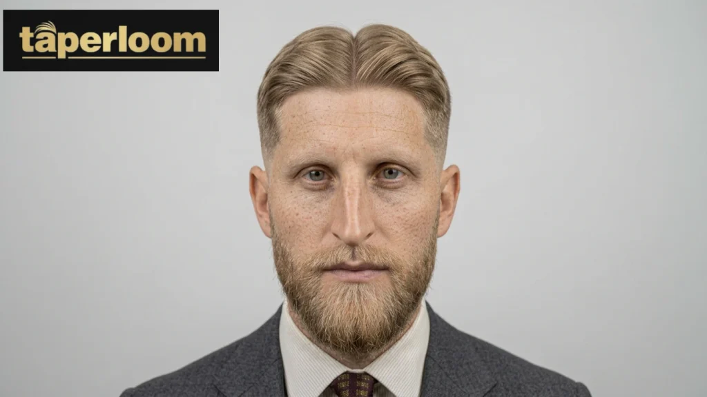 Low taper fade blonde middle part hairstyle