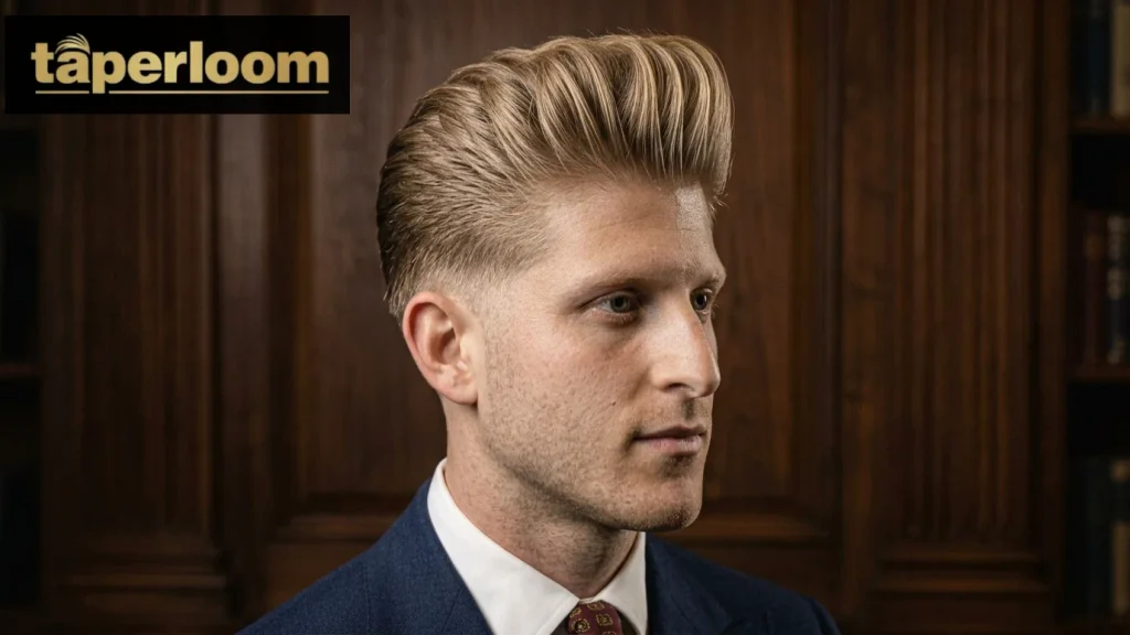 Low taper fade blonde pompadour hairstyle