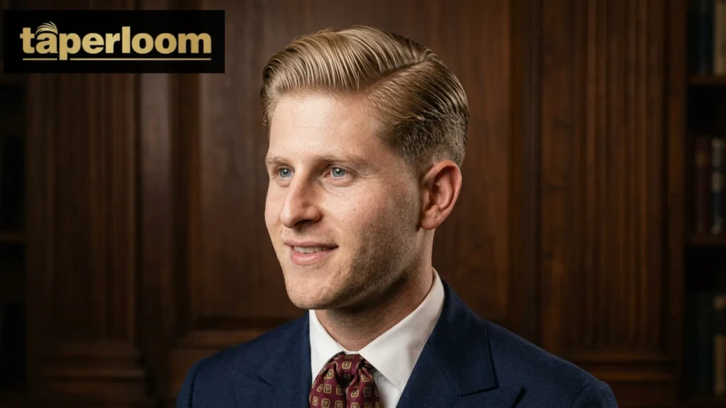Low taper fade blonde side part hairstyle