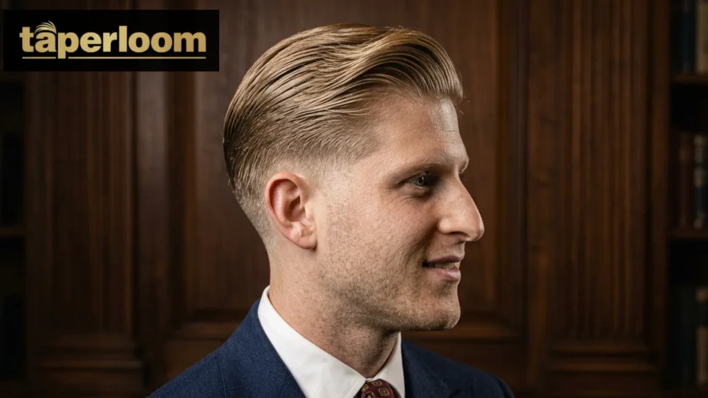 Low taper fade blonde slick back hairstyle