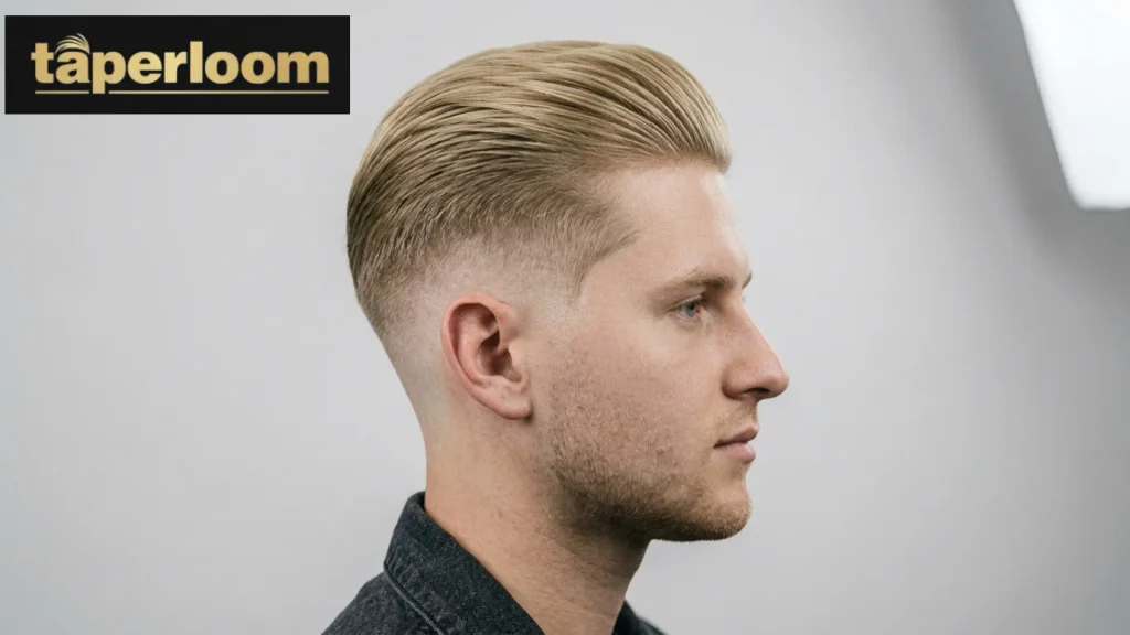 Low taper fade blonde straight hair style