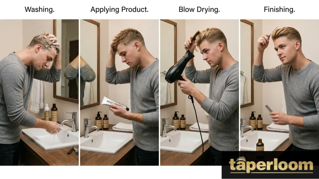 Step by step styling routine for low taper fade blonde hair