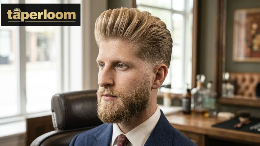 Low taper fade blonde hair with beard
